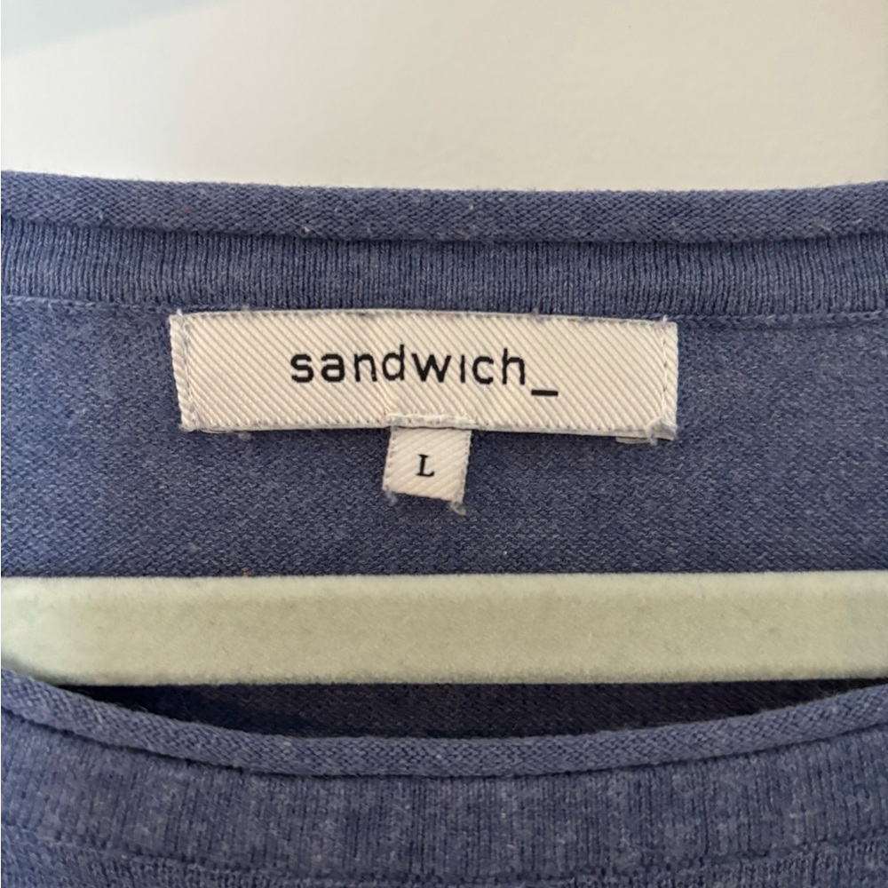 Sandwich Blue Crewneck Sweater with Pastel Sleeve Stripes - Size Large - Picture 3 of 6